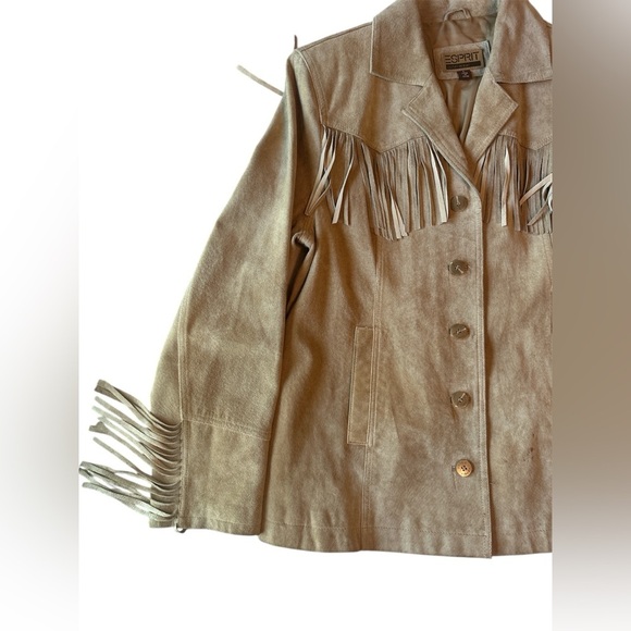 Vintage Esprit Soft Suede Leather Tan Fringe Jacket Womens L Cowgirl Ranch Lux - Picture 10 of 15